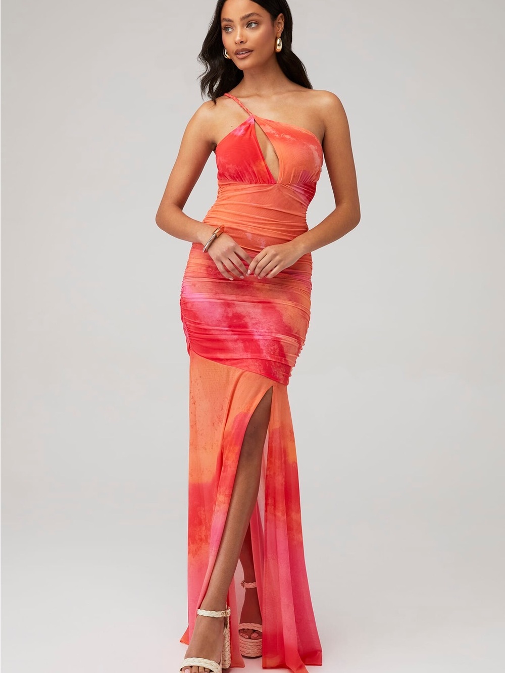 Rococo Sand One-Shoulder Orange-Pink Ombre Ruched Gown
